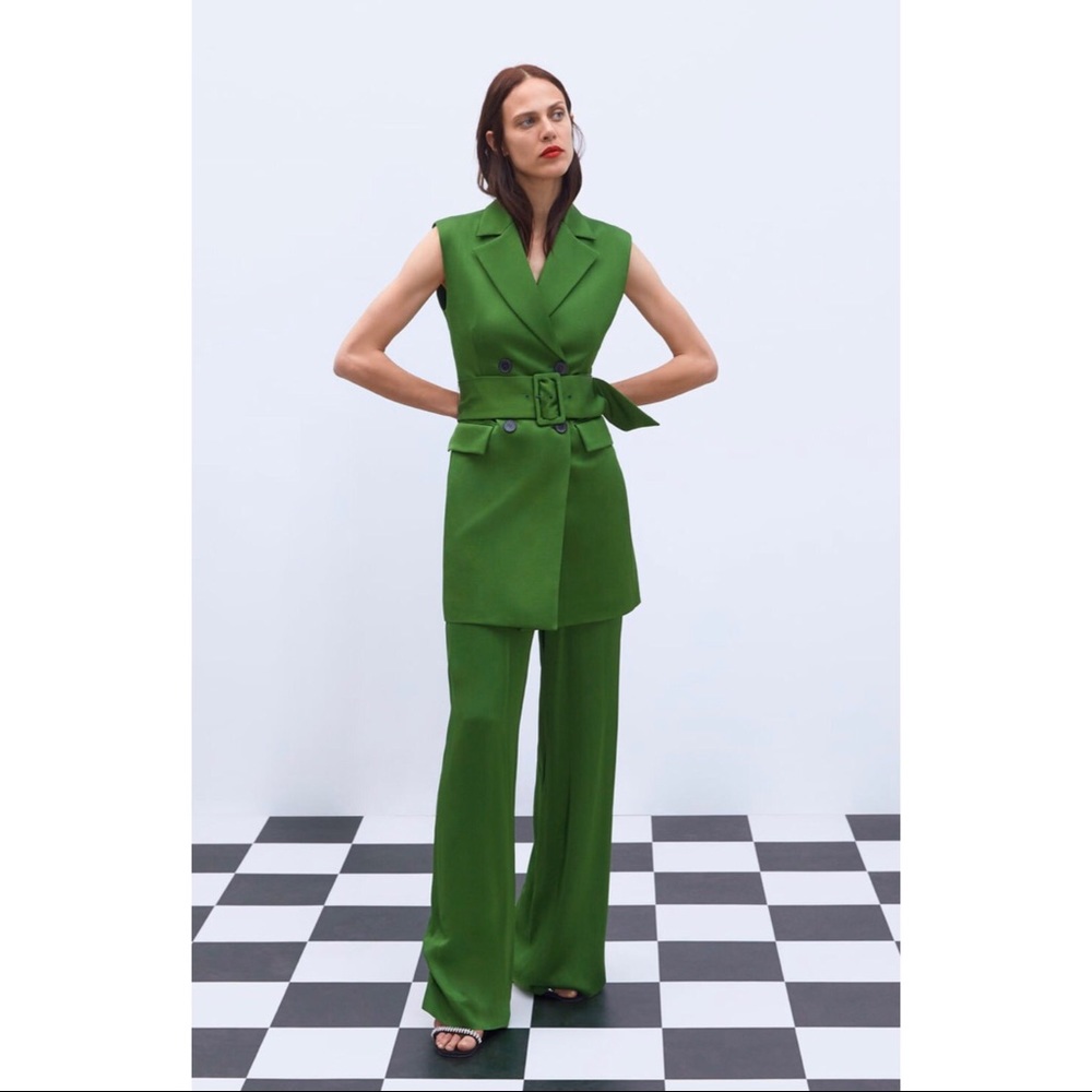 Zara belted satin vest in green